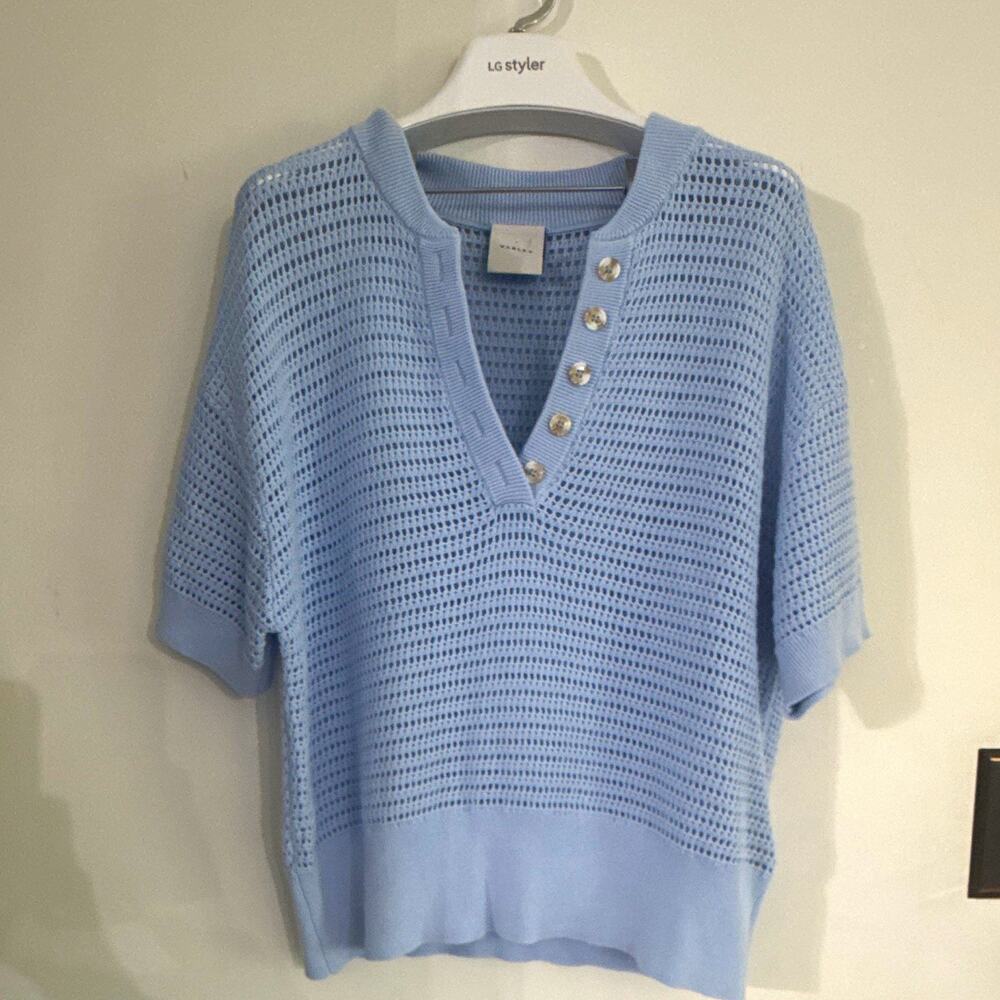 Varley Blue Open-Knit V-Neck Short Sleeve Pullover Sweater Women's M Cotton